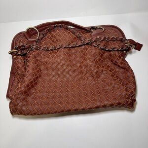 Woven Brown Faux Leather Satchel Shoulder Bag Chain Strap